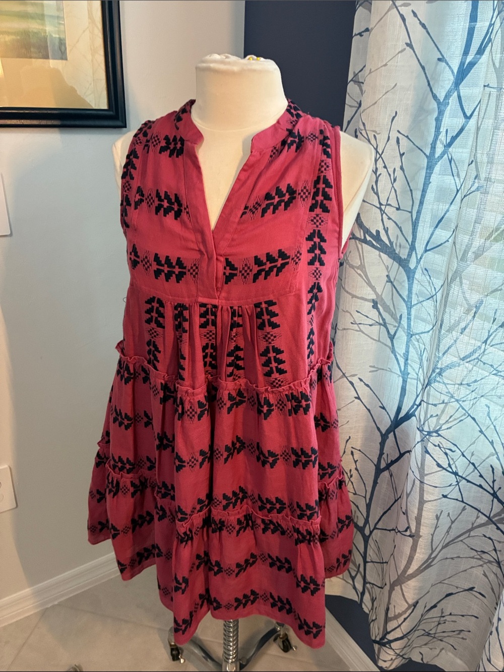Elan Cali Dress - Sleeveless Red Embroidered Tiered Dress